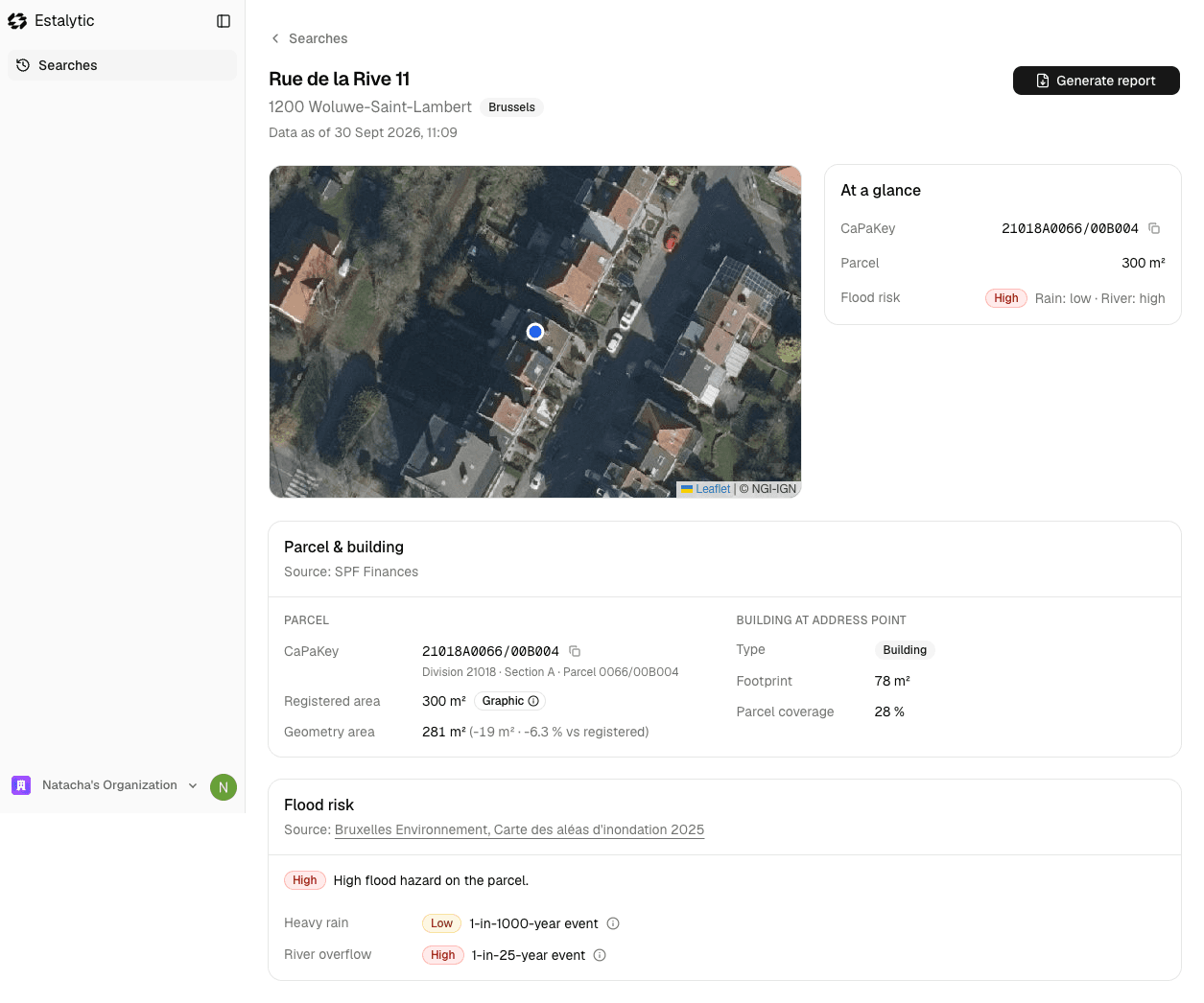 Estalytic dashboard showing an aerial property map, cadastral details, and flood information with source attribution.