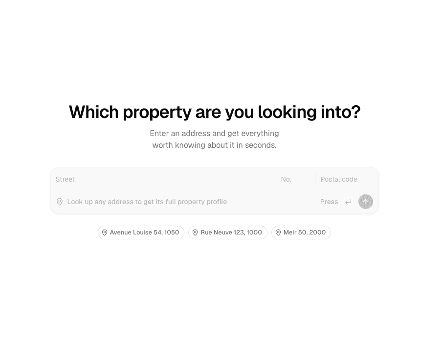 New property search: enter the street, house number, and Belgian postal code.