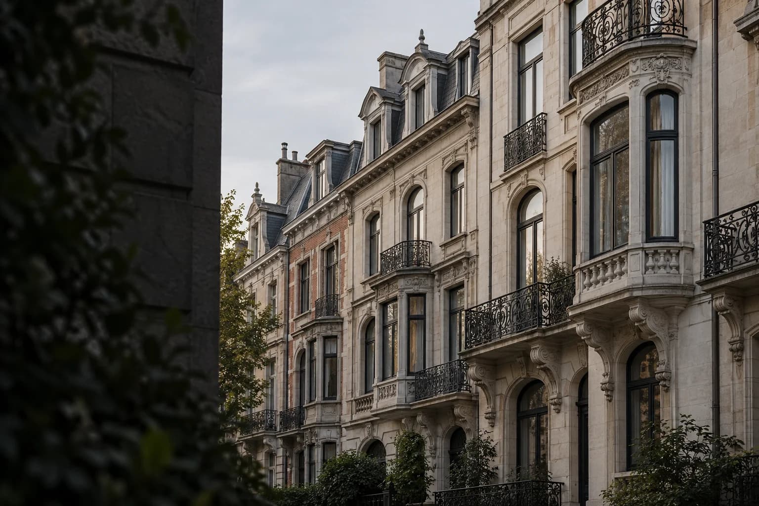 Belgian townhouses with limestone facades and iron balconies.